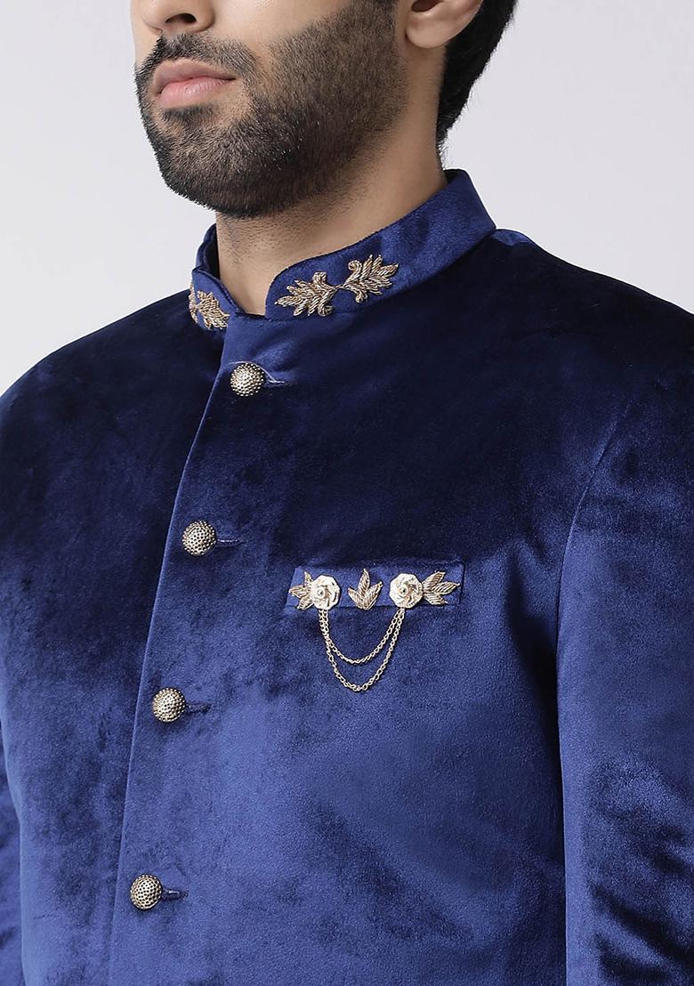 Navy Blue Solid Velvet  Sherwani for Men