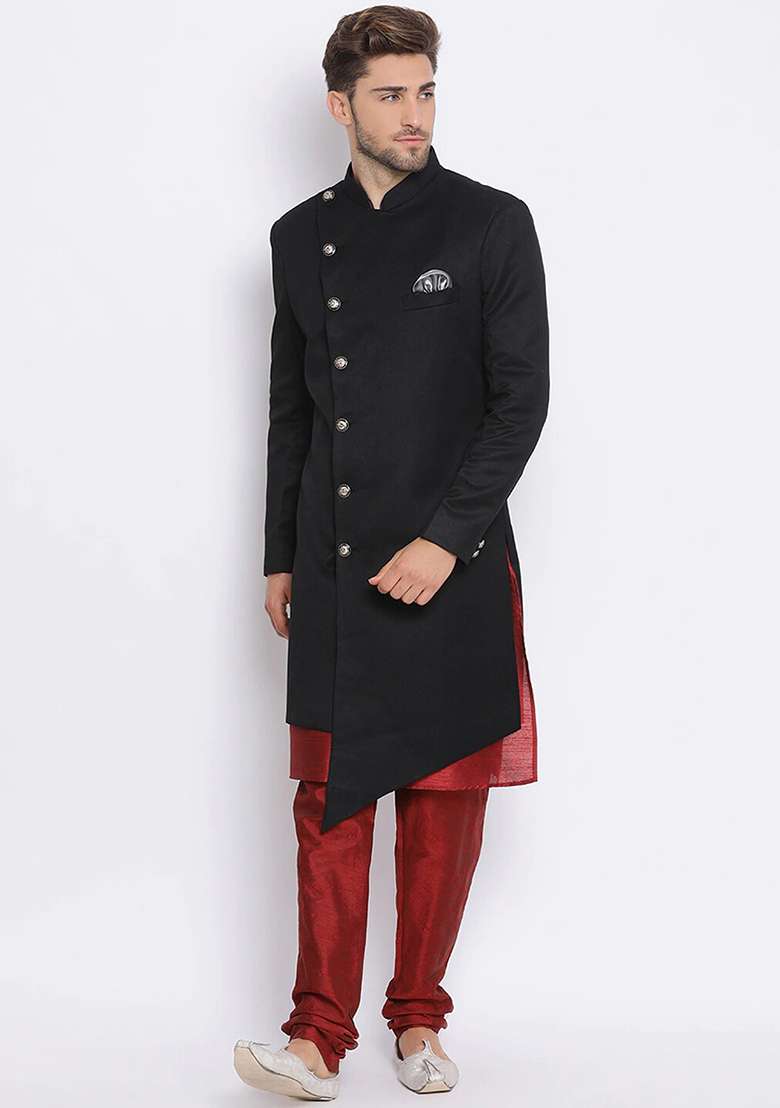 Black Solid Cotton Sherwani for Men - Indya