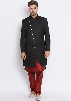 Black Solid Cotton Sherwani for Men