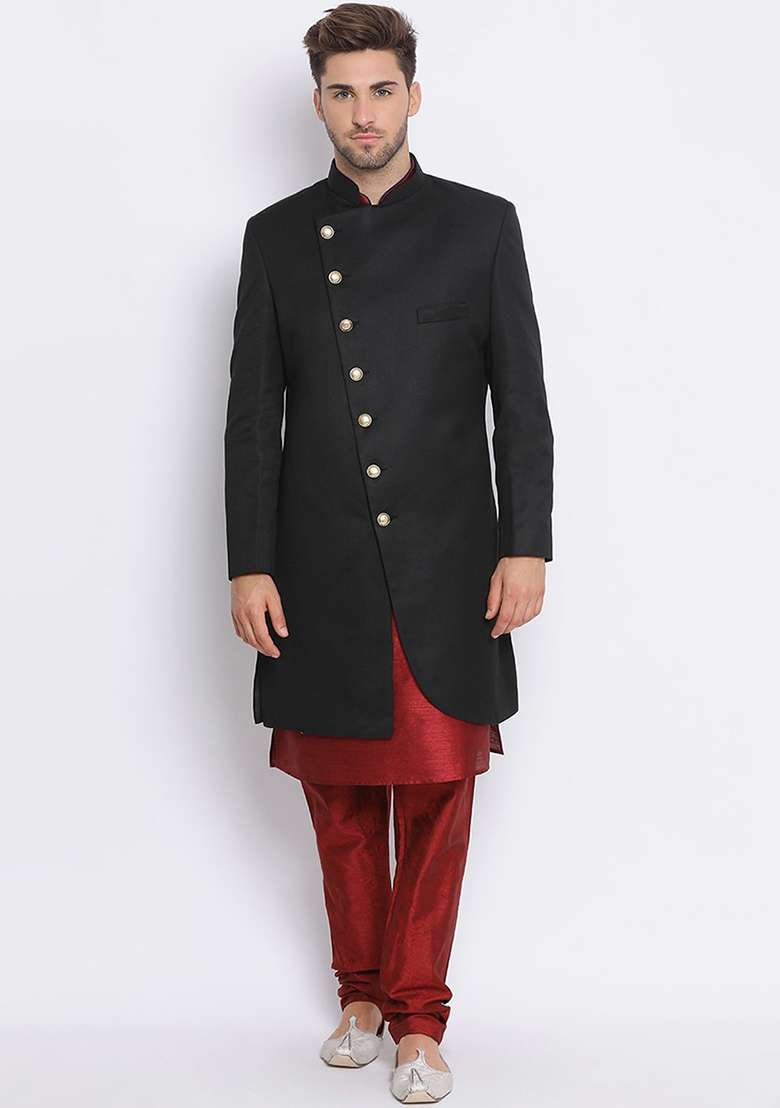 Black Solid Cotton Sherwani for Men - Indya