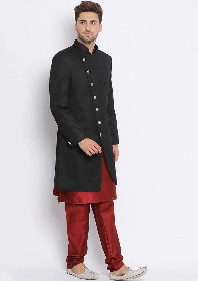 Black Solid Cotton Sherwani for Men