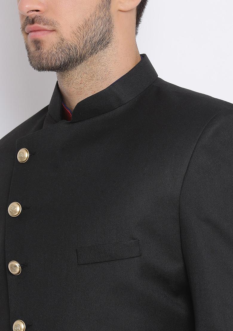 Black Solid Cotton Sherwani for Men