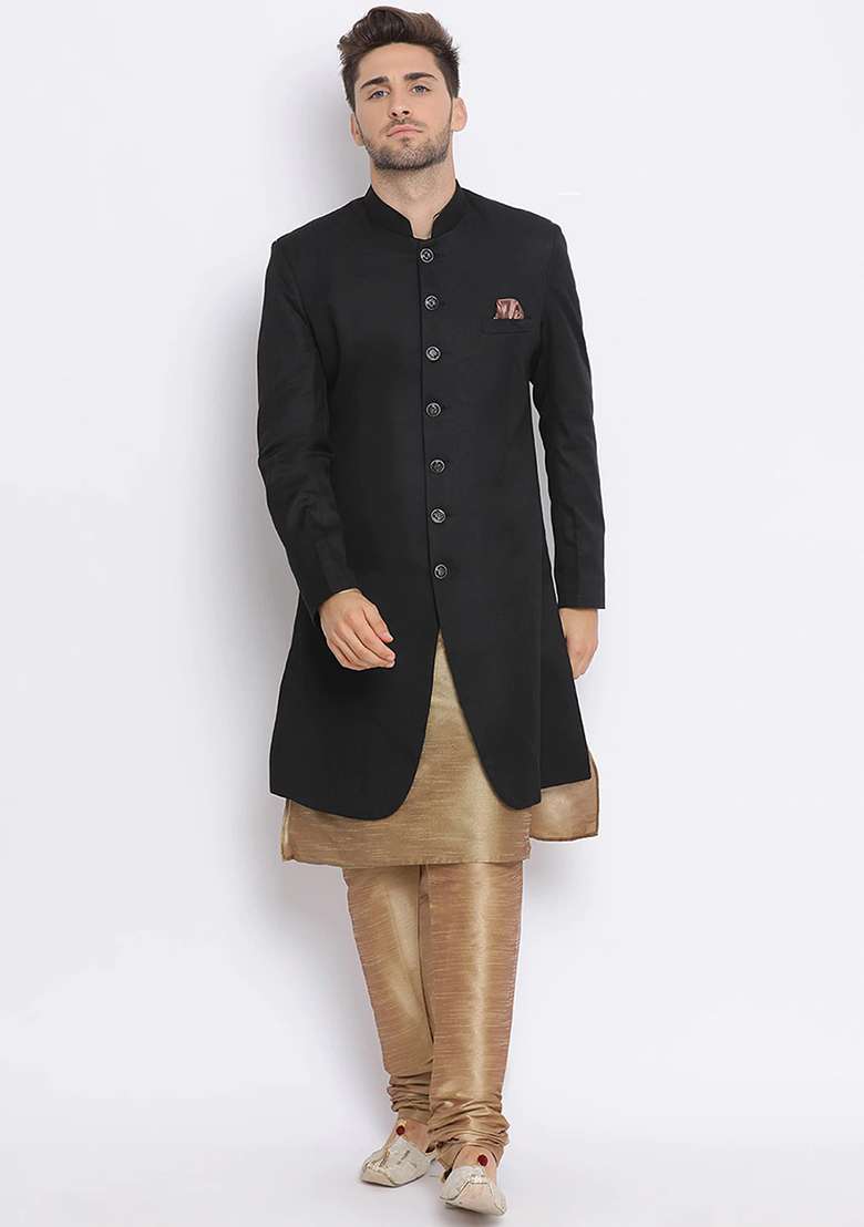 Black Solid Cotton Sherwani for Men - Indya