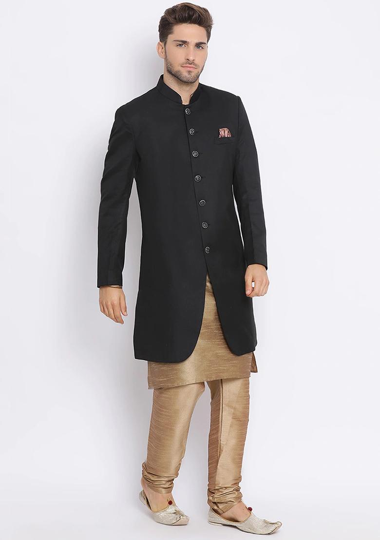 Black Solid Cotton Sherwani for Men