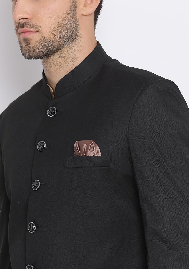 Black Solid Cotton Sherwani for Men