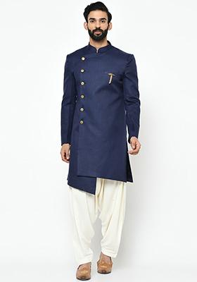 Navy Blue Solid Cotton Sherwani for Men