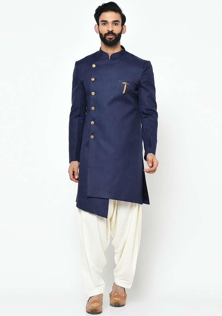 Navy Blue Solid Cotton Sherwani for Men - Indya