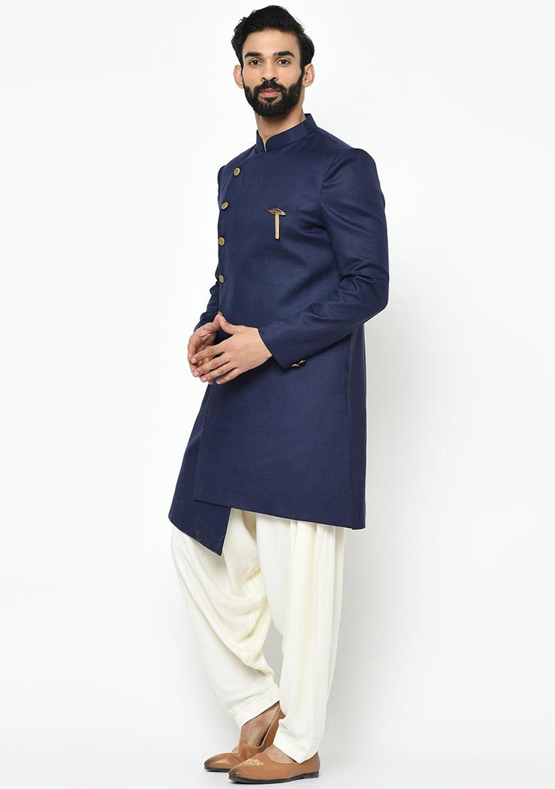 Navy Blue Solid Cotton Sherwani for Men