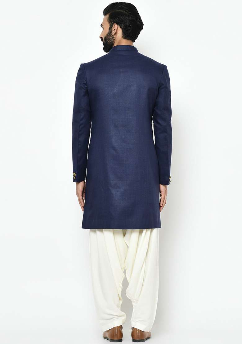 Navy Blue Solid Cotton Sherwani for Men - Indya