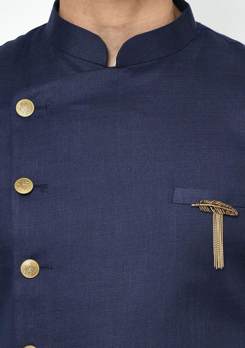 Navy Blue Solid Cotton Sherwani for Men