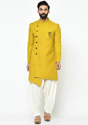 Yellow Solid Cotton Sherwani for Men