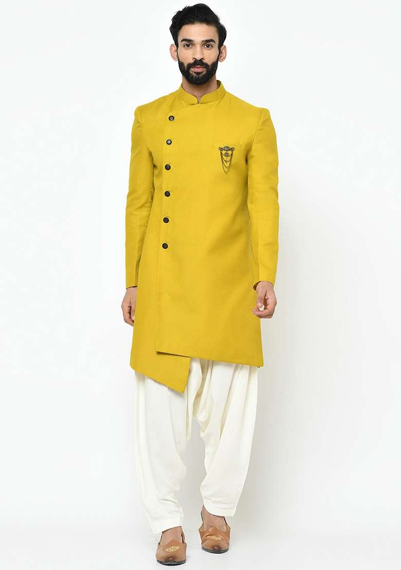 Yellow Solid Cotton Sherwani for Men - Indya
