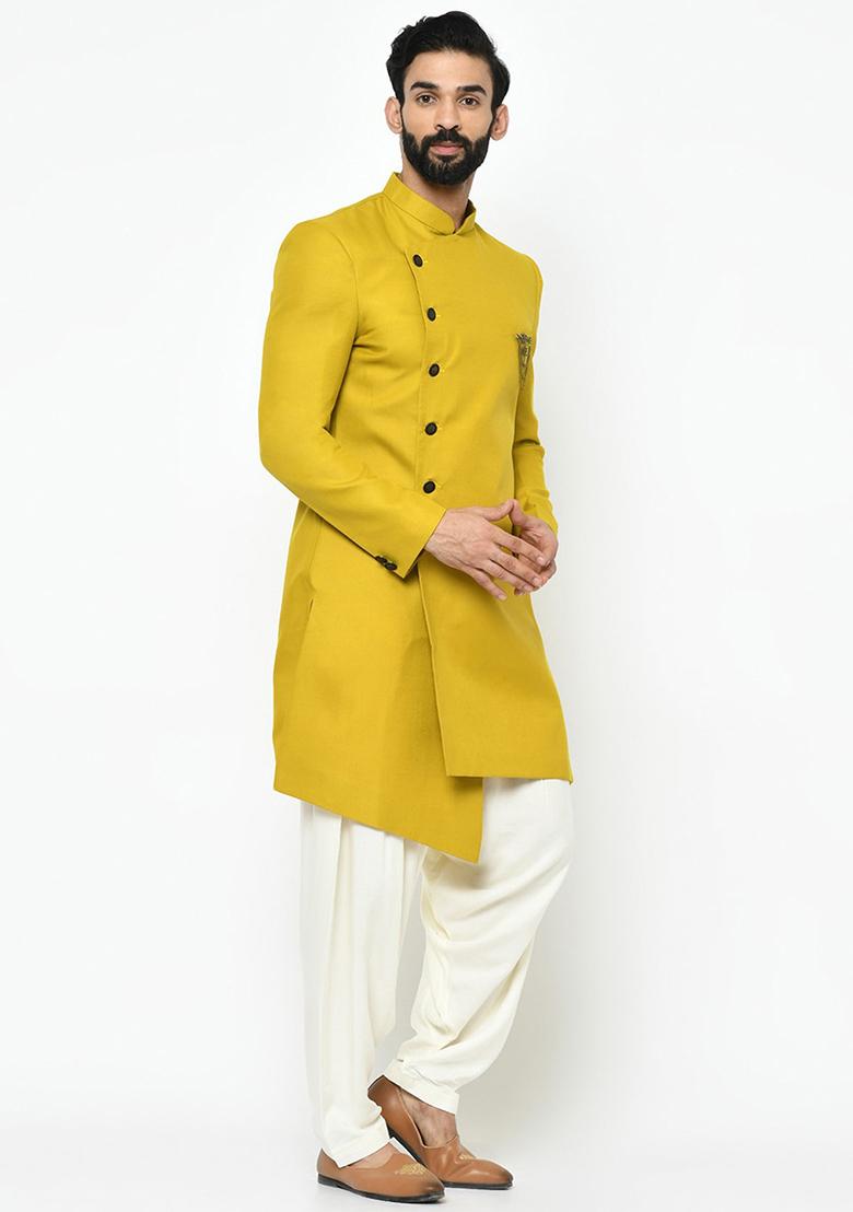 Yellow Solid Cotton Sherwani for Men