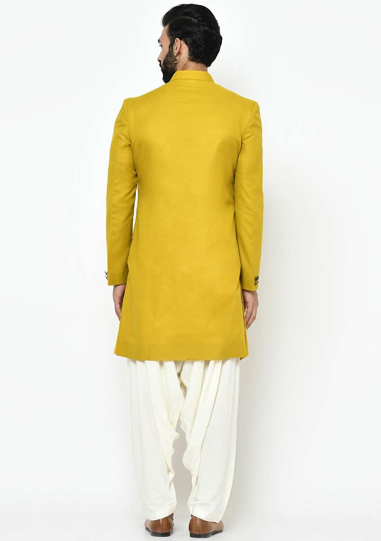 Yellow Solid Cotton Sherwani for Men - Indya