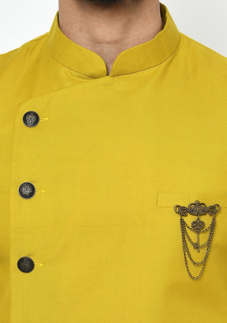 Yellow Solid Cotton Sherwani for Men