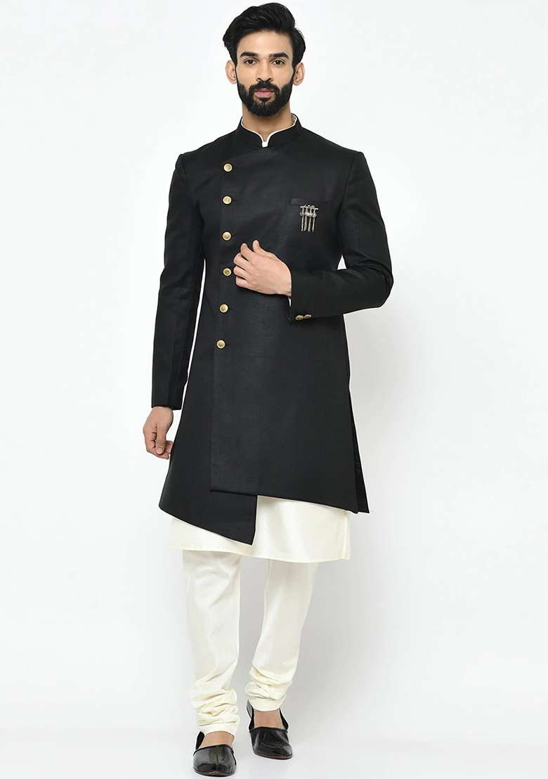Black Solid Cotton Sherwani for Men - Indya