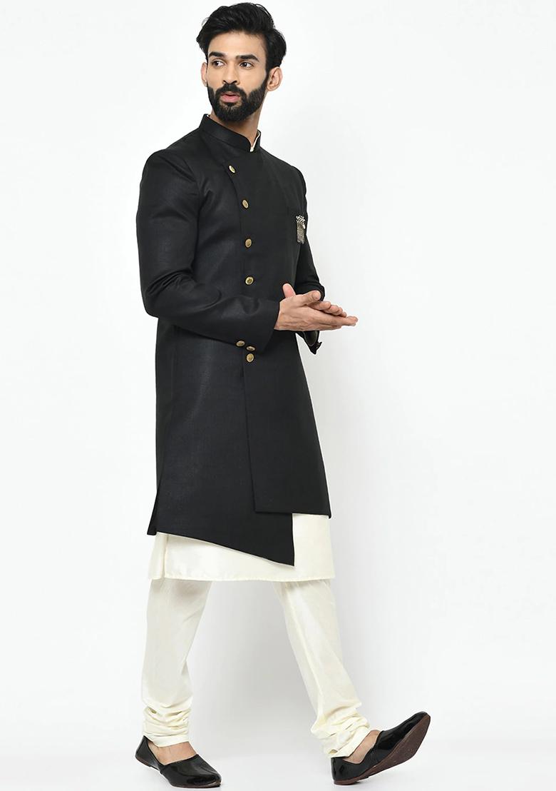 Black Solid Cotton Sherwani for Men