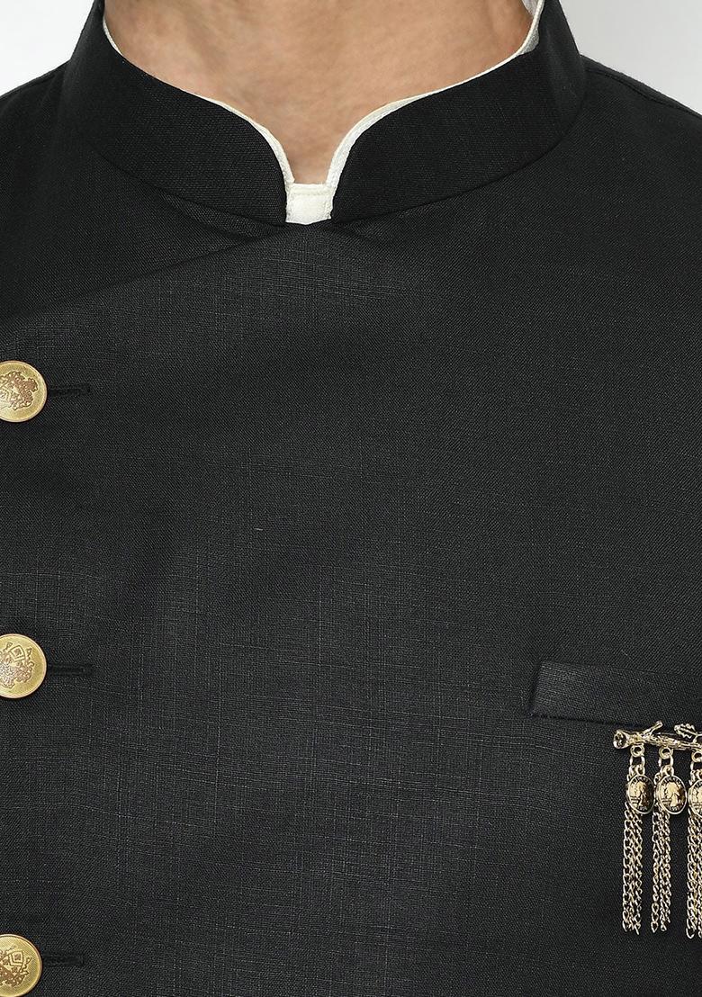Black Solid Cotton Sherwani for Men