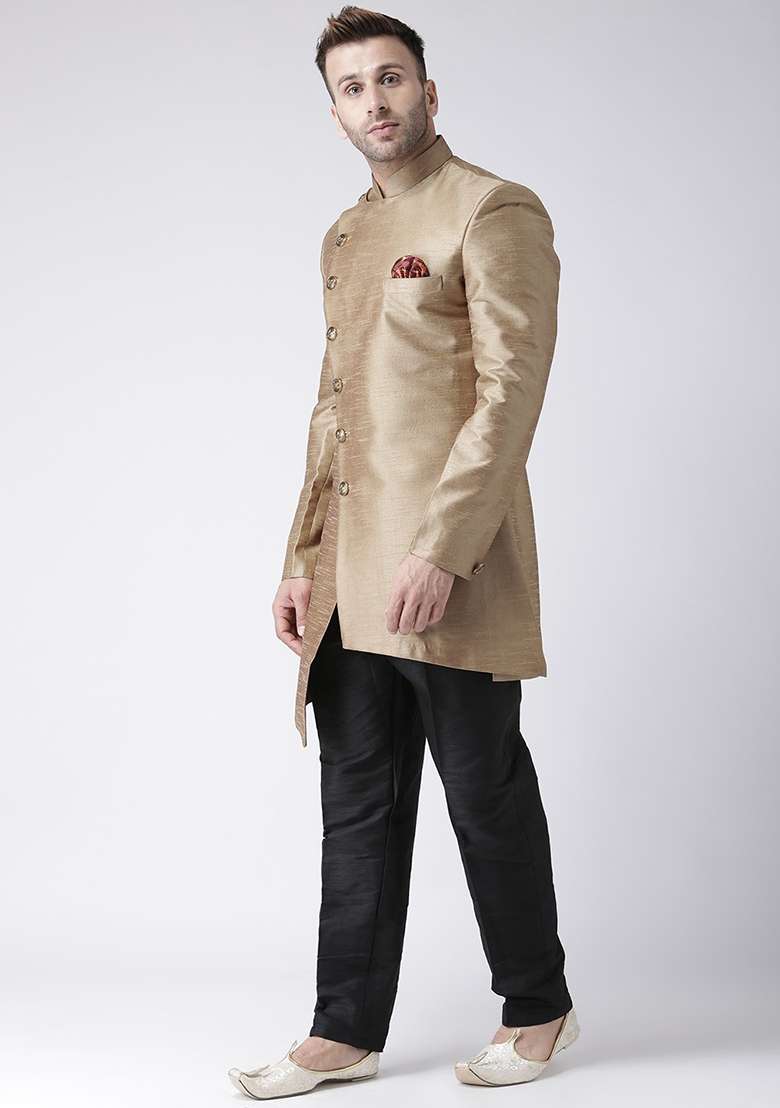 Gold Solid Silk Blend Sherwani for Men - Indya