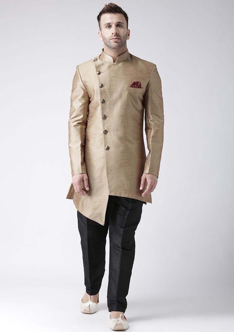 Gold Solid Silk Blend Sherwani for Men