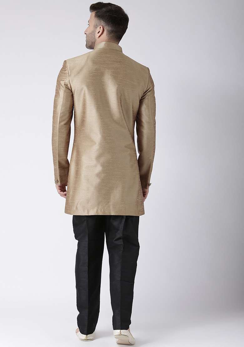 Gold Solid Silk Blend Sherwani for Men - Indya