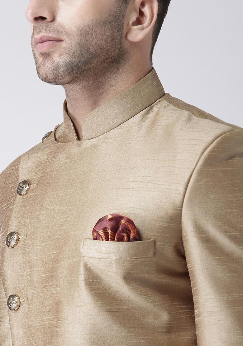Gold Solid Silk Blend Sherwani for Men