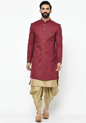 Maroon Solid Cotton Sherwani for Men