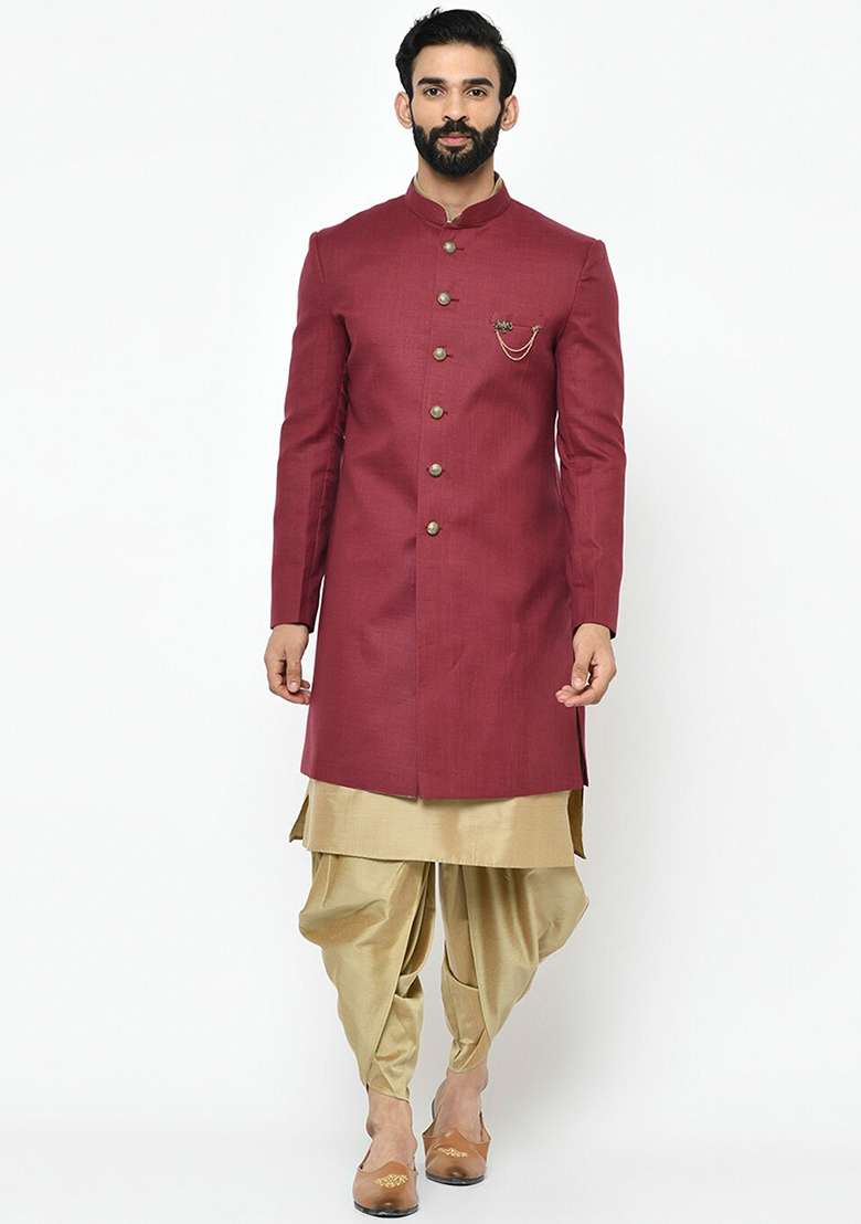 Maroon Solid Cotton Sherwani for Men - Indya