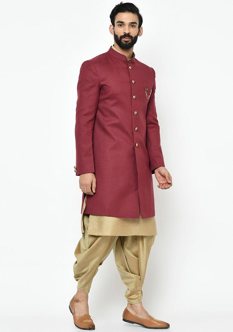 Maroon Solid Cotton Sherwani for Men