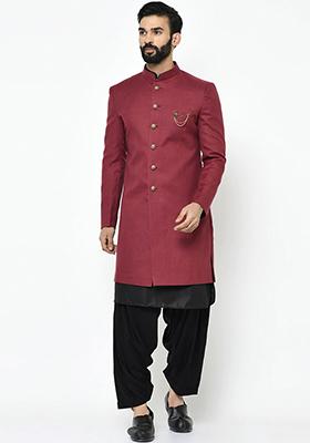 Maroon Solid Cotton Sherwani for Men