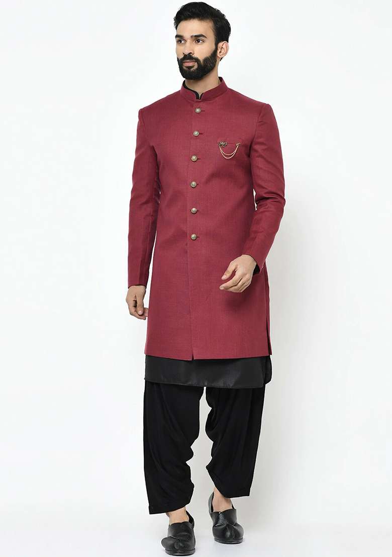 Maroon Solid Cotton Sherwani for Men - Indya