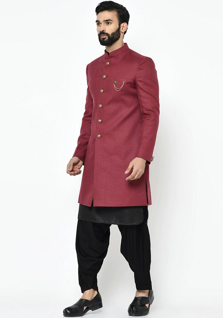 Maroon Solid Cotton Sherwani for Men