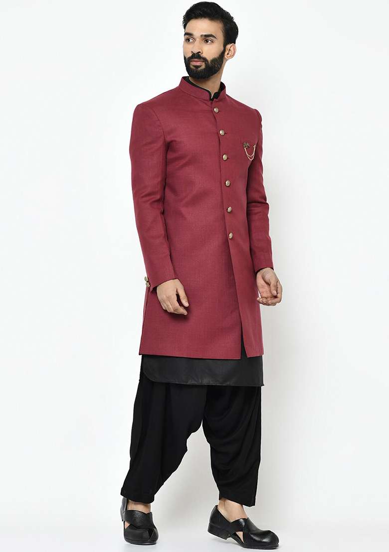 Maroon Solid Cotton Sherwani for Men - Indya