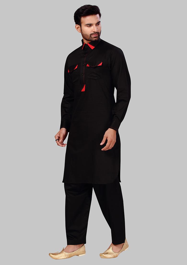 Black Embroidered Cotton Kurta Set For Men