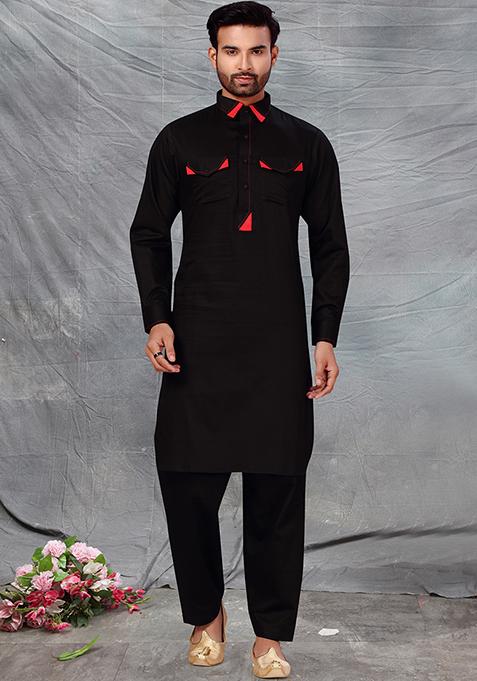 Black Embroidered Cotton Kurta Set For Men
