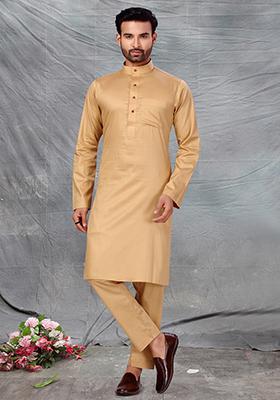 Gold Solid Cotton Kurta Set For Men