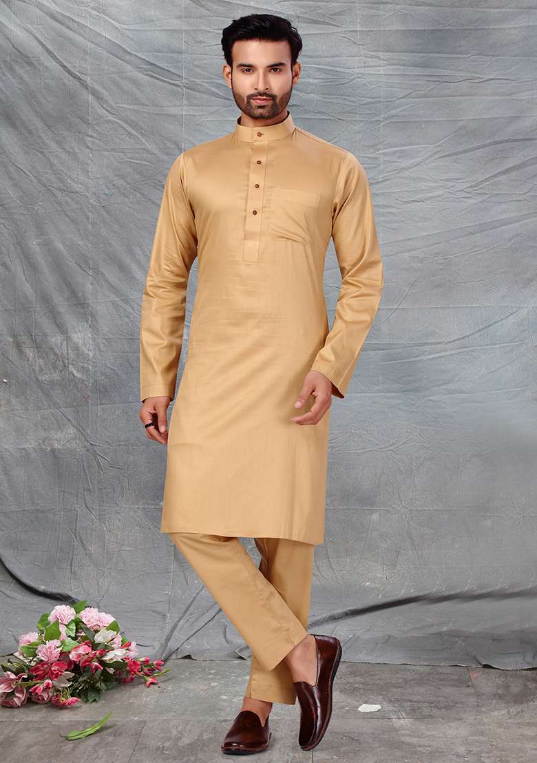 Gold Solid Cotton Kurta Set For Men - Indya