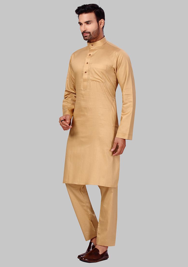 Gold Solid Cotton Kurta Set For Men