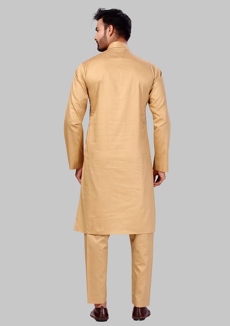 Gold Solid Cotton Kurta Set For Men - Indya