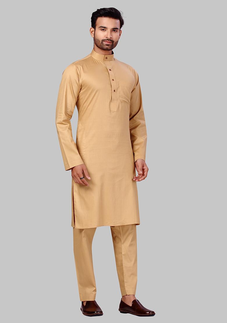 Gold Solid Cotton Kurta Set For Men