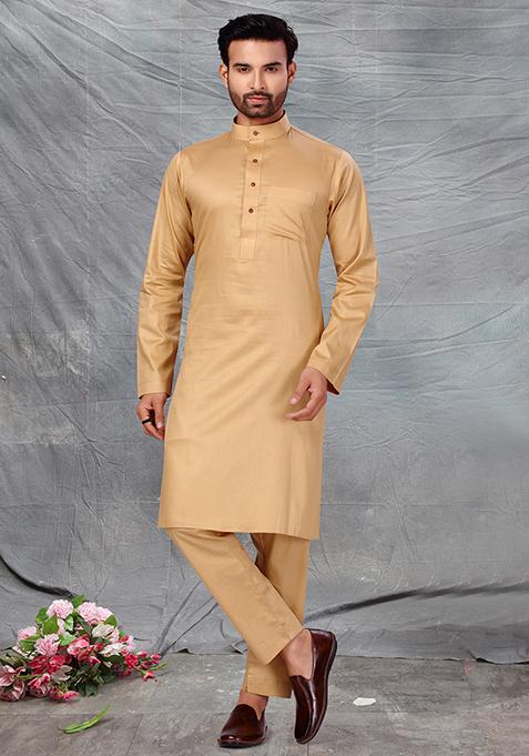 Gold Solid Cotton Kurta Set For Men
