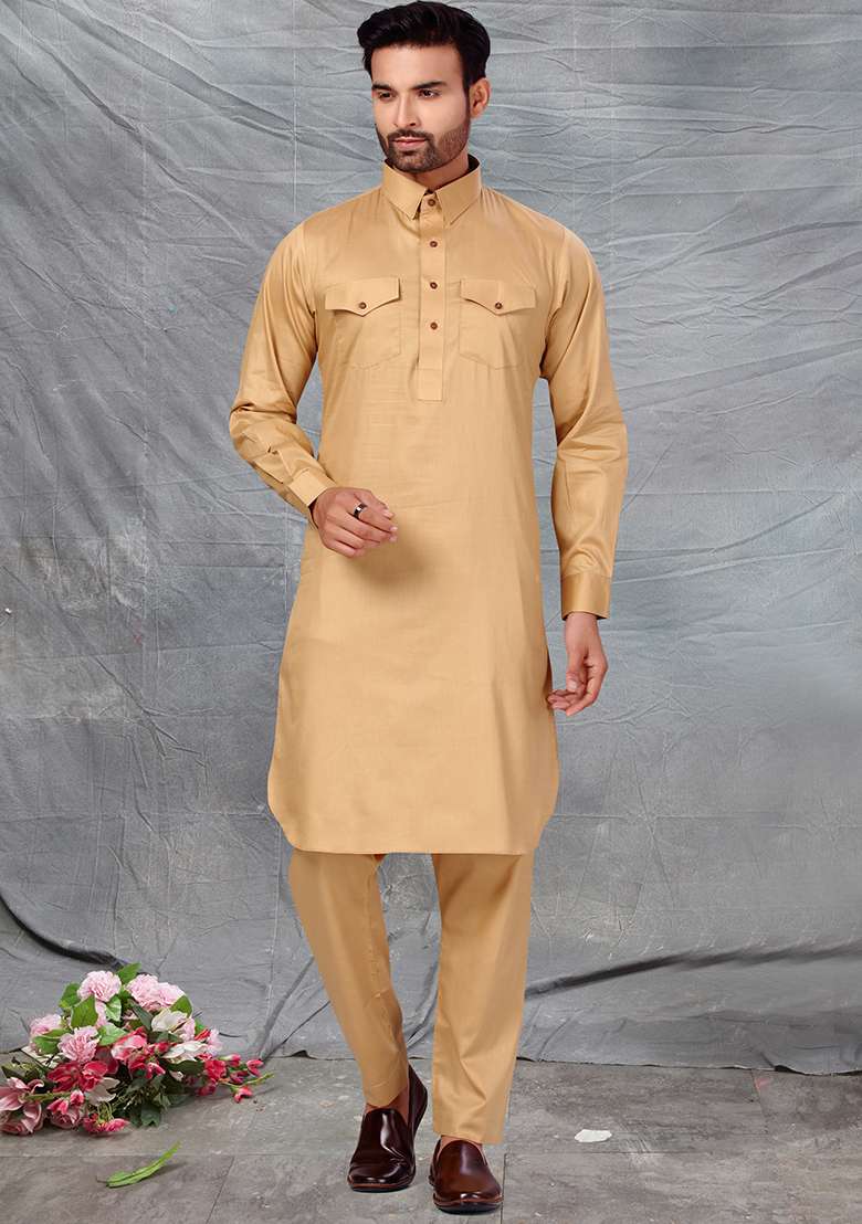 Gold Solid Cotton Kurta Set For Men - Indya