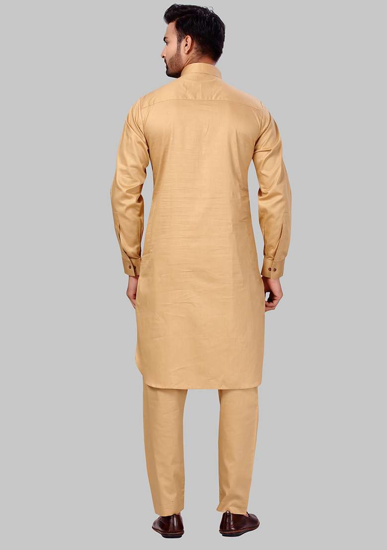 Gold Solid Cotton Kurta Set For Men - Indya