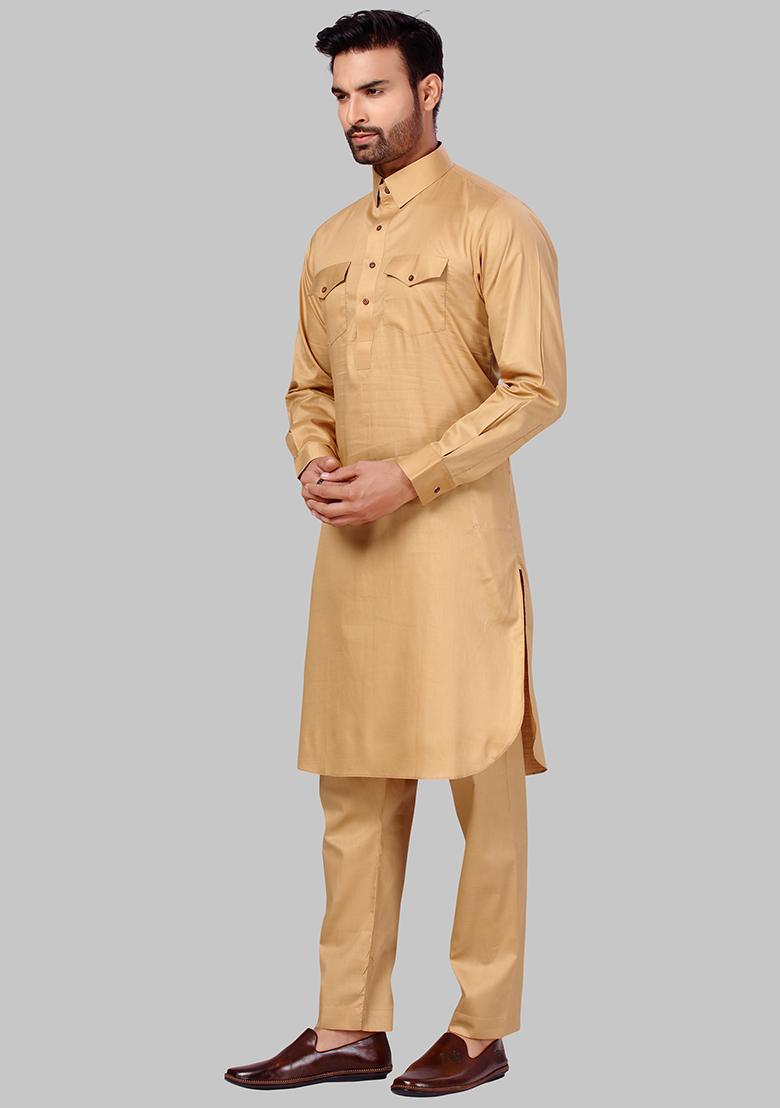 Gold Solid Cotton Kurta Set For Men