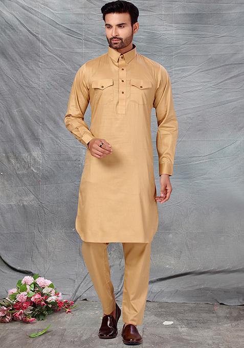 Gold Solid Cotton Kurta Set For Men