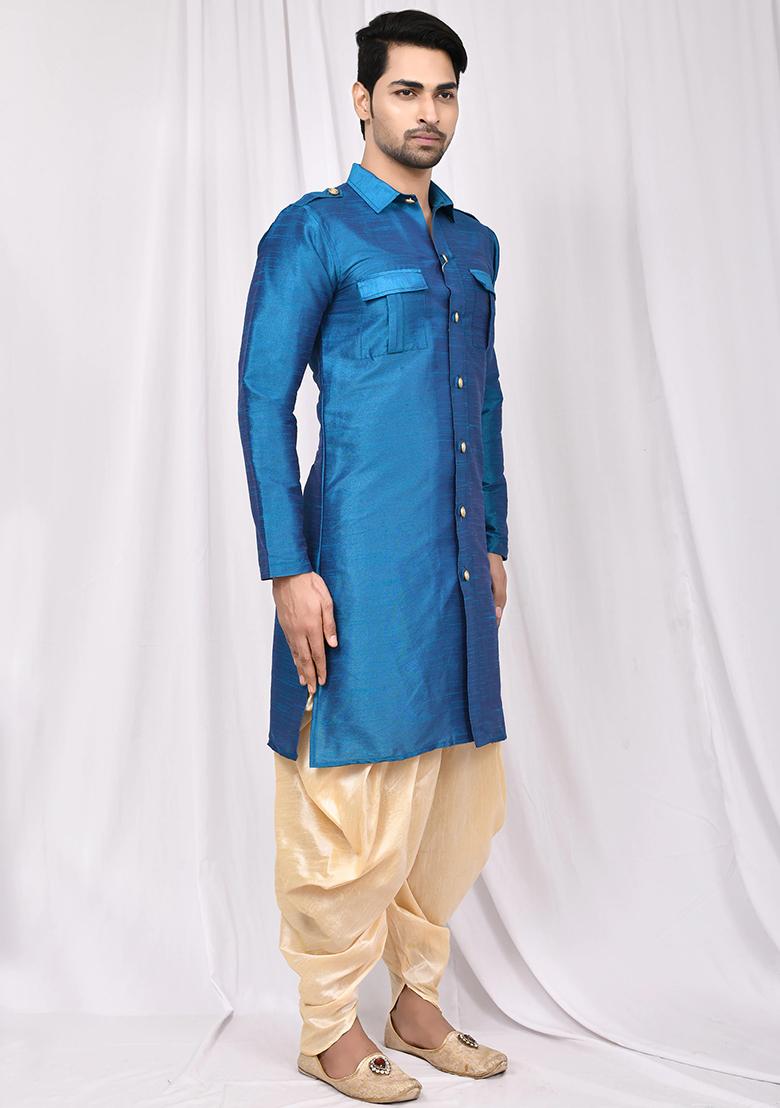 Blue Embroidered Silk Kurta Set For Men