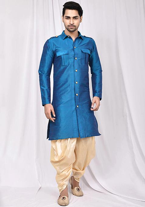 Blue Embroidered Silk Kurta Set For Men
