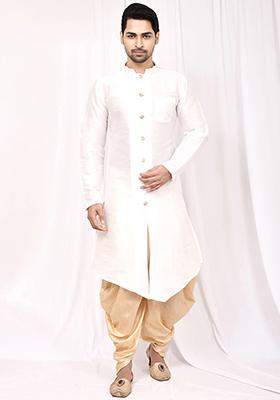 White Embroidered Silk Kurta Set For Men