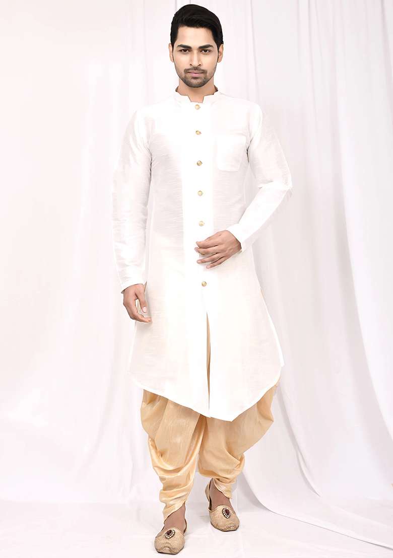White Embroidered Silk Blend Kurta Set For Men - Indya
