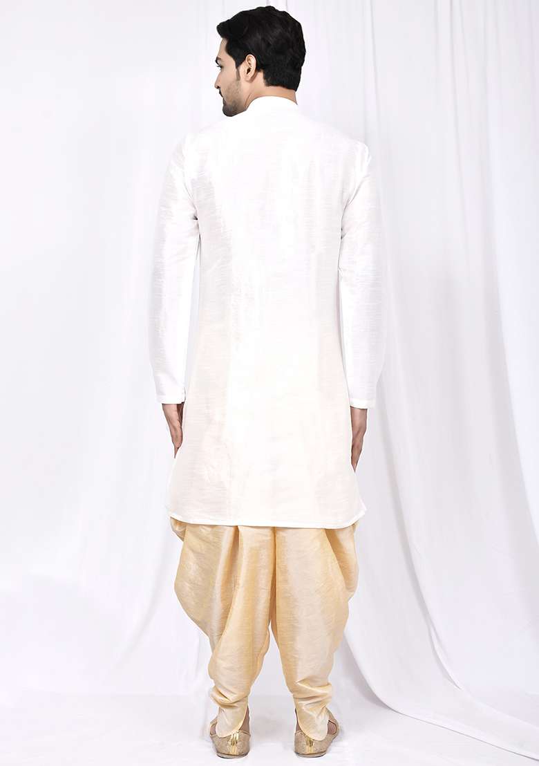 White Embroidered Silk Blend Kurta Set For Men - Indya